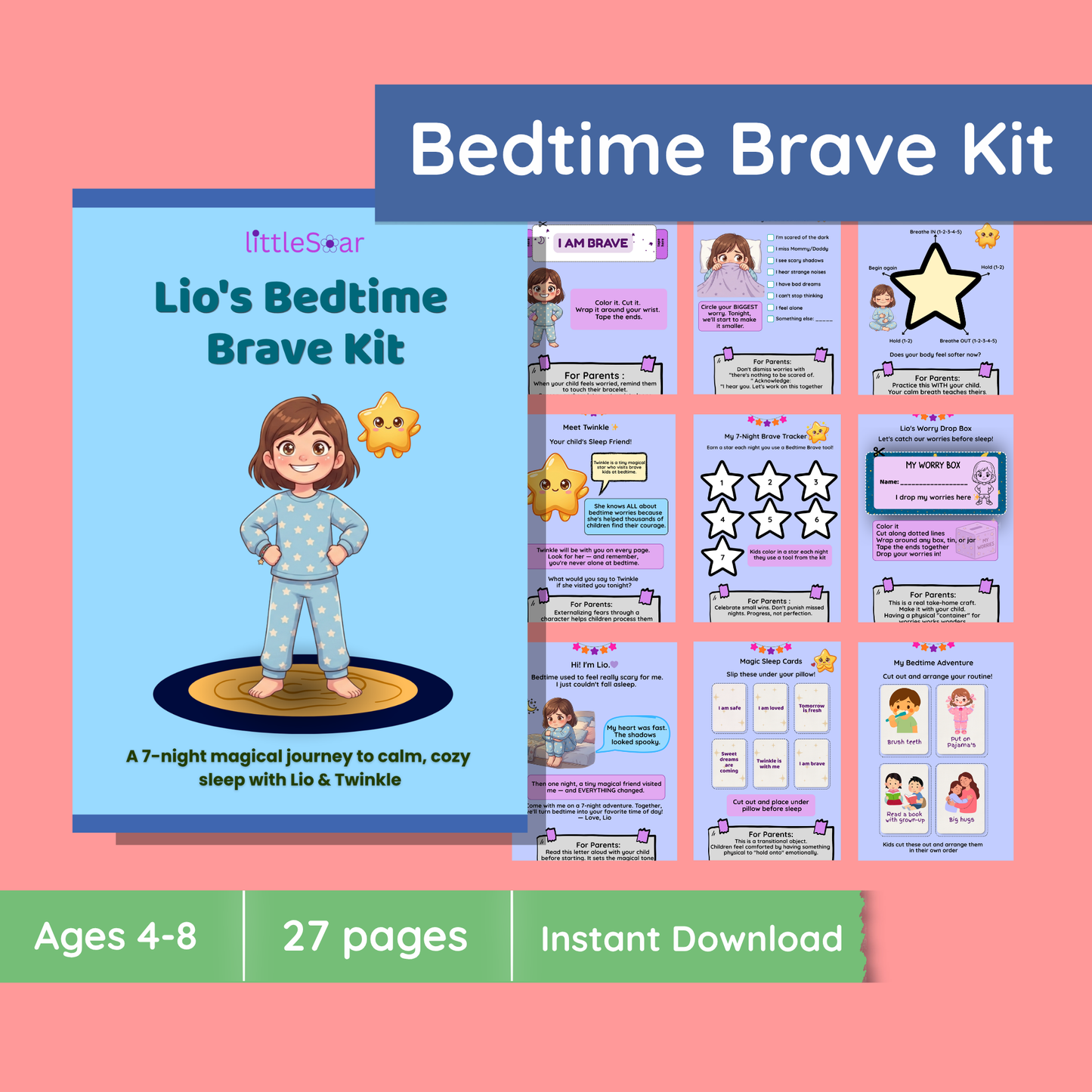 Bedtime Anxiety Kit for Kids | Lio's Bedtime Brave Workbook Ages 4-8 | Sleep Worries Printable | Fear of Dark | SEL Activities
