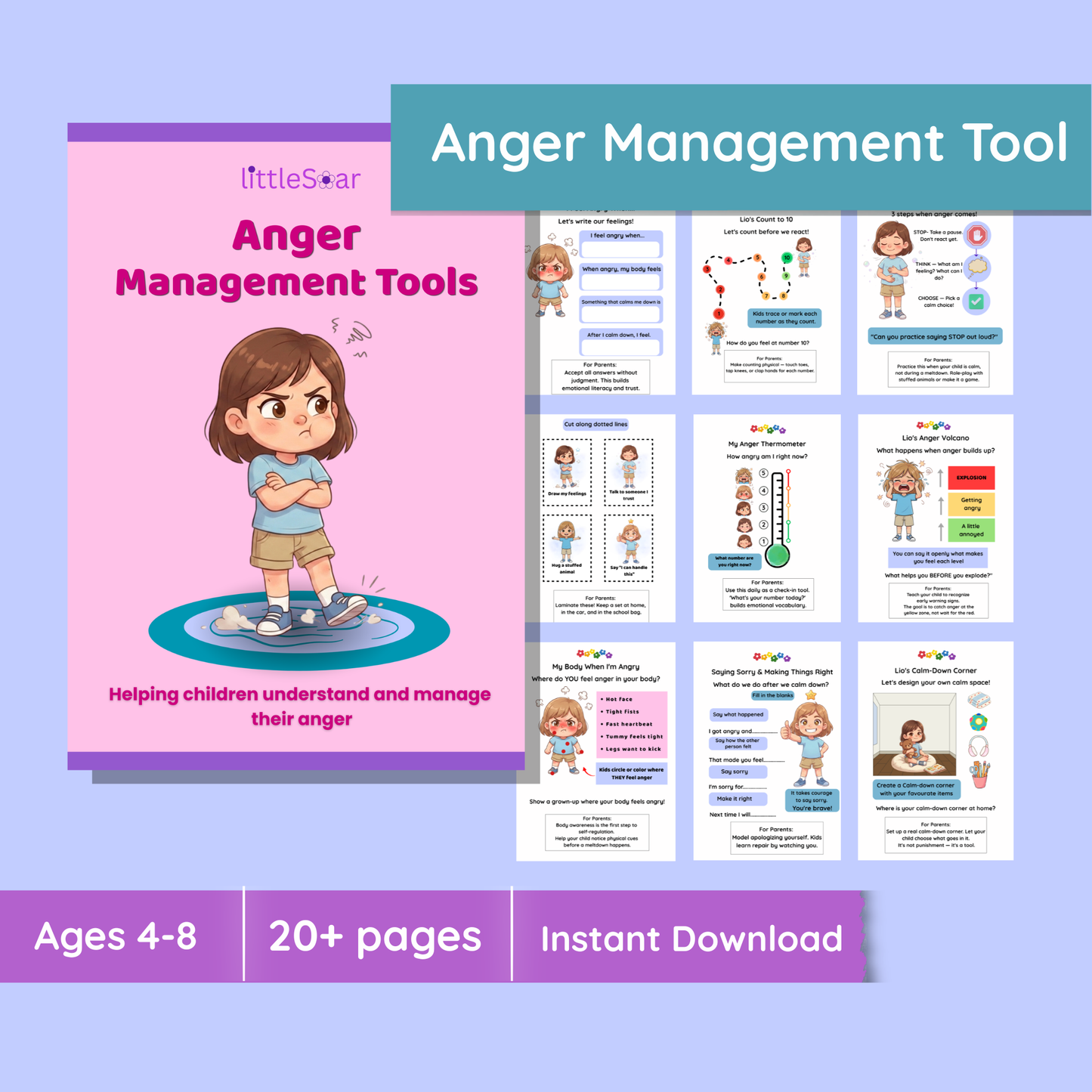 Anger Management Kit for Kids | Lio's SEL Worksheets Ages 4-8 | Calm Down Activities | Tantrum Toolkit | Coping Skills Printable